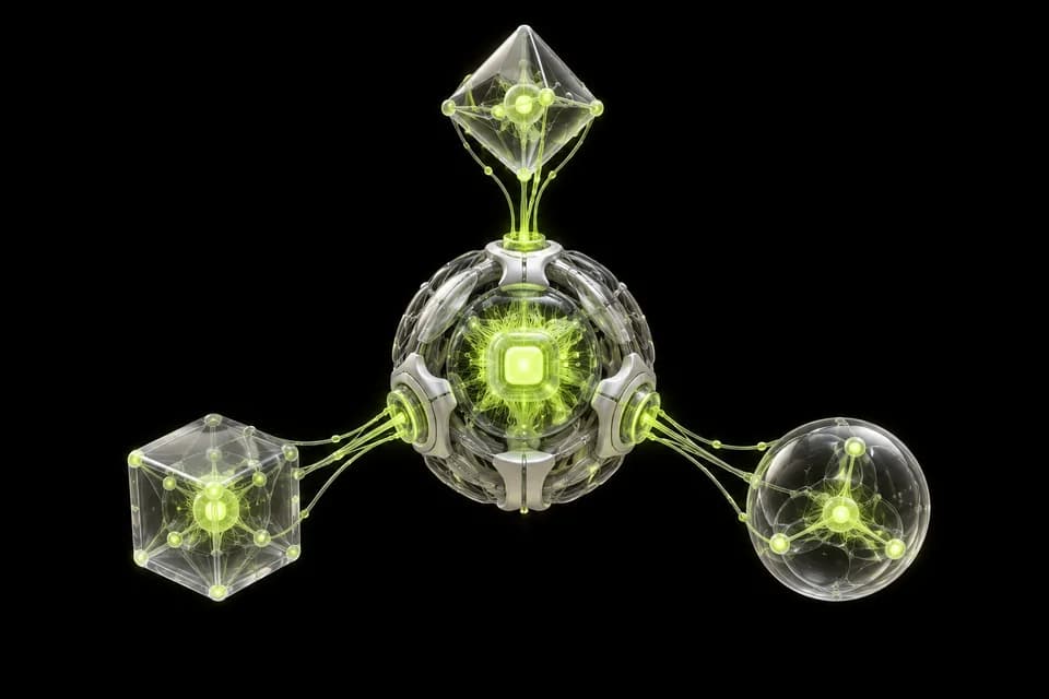 A central processor connected to three glowing network nodes