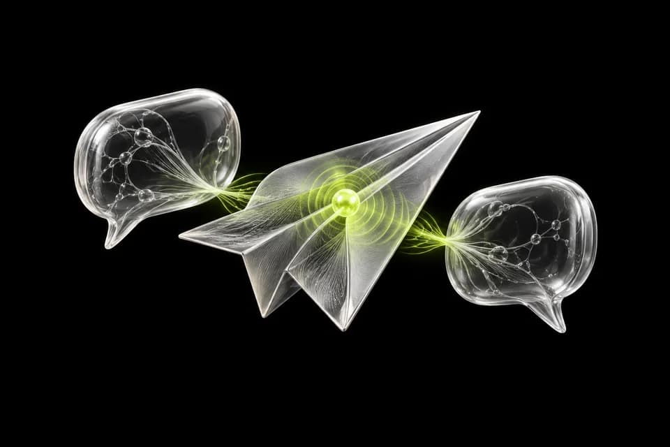 A silver paper airplane between translucent chat bubbles